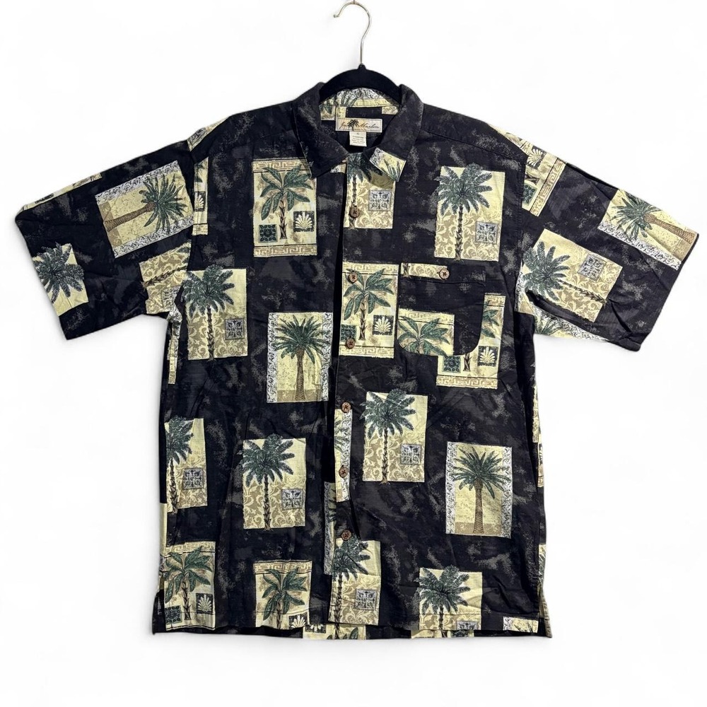 Joe Marlin Hawaiian Shirt Mens XL Black Palm Tree Tropical Cotton Rayon Shirt